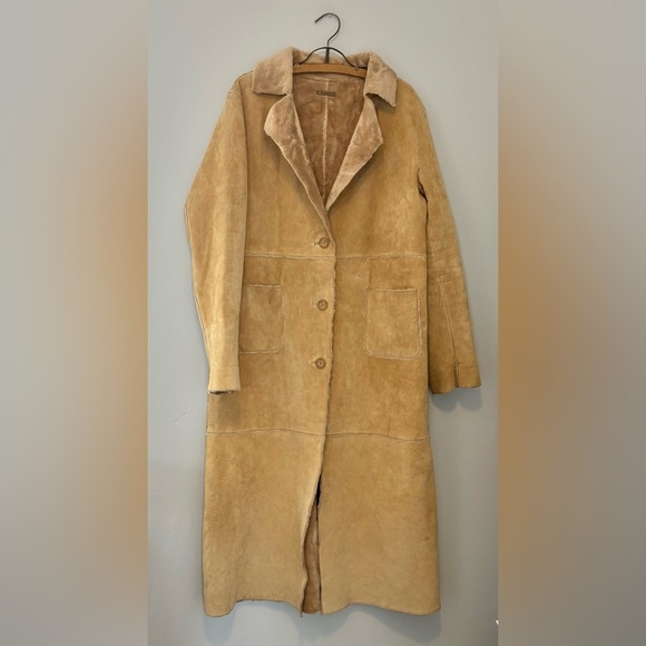 GUESS Genuine Leather Shearling Coat Tan Long Vintage 90s Y2K Size L - Picture 1 of 13
